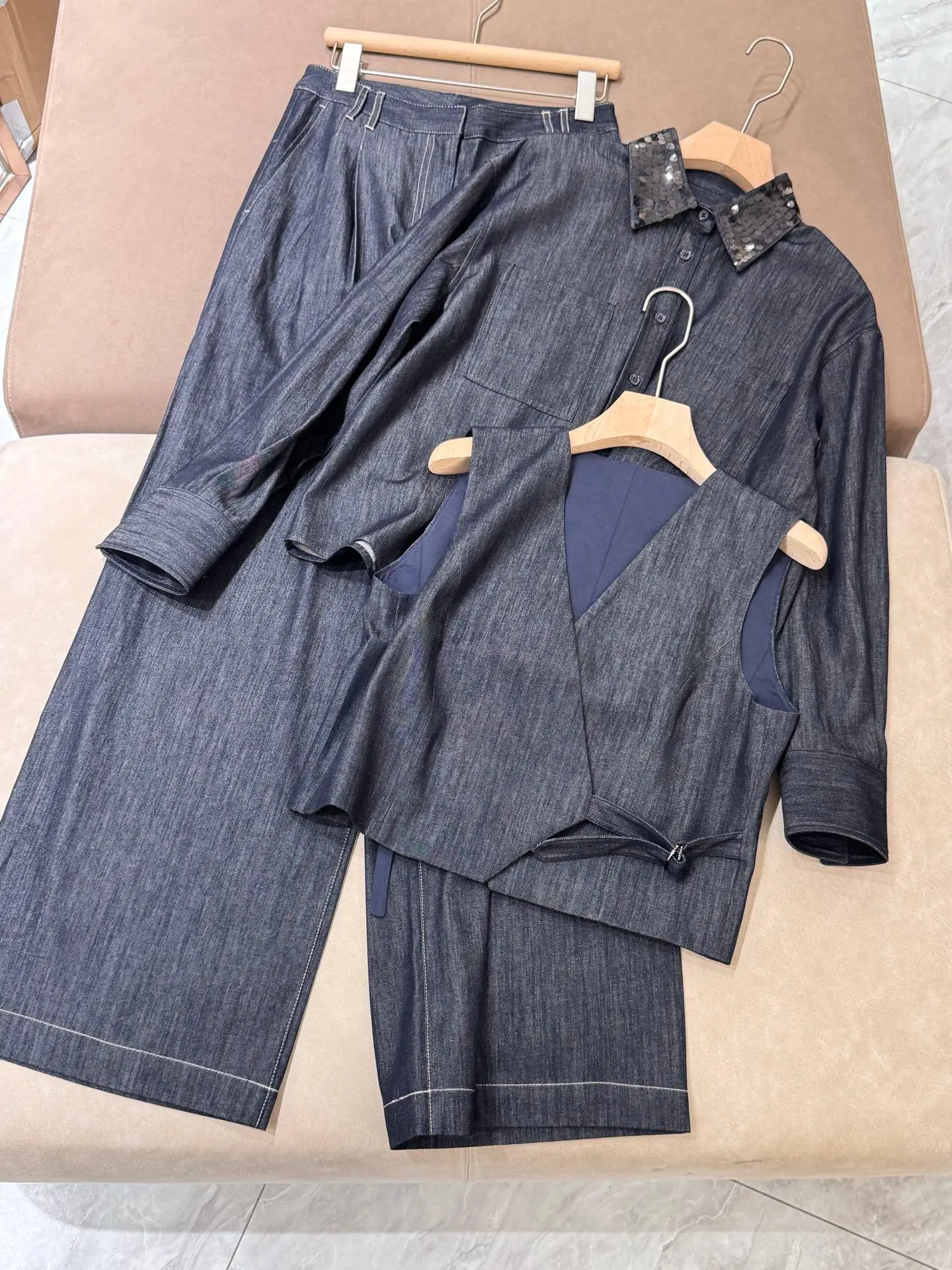 

Autumn luxurious exquisitely trimmed denim trouser suit
