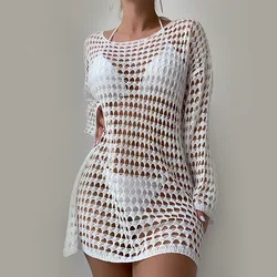 Solid Color Hollow Round Neck Dress, Versatile Long-sleeved Beachwear For Women, Knitted Long-sleeved Bikini Swimsuit Cover-up