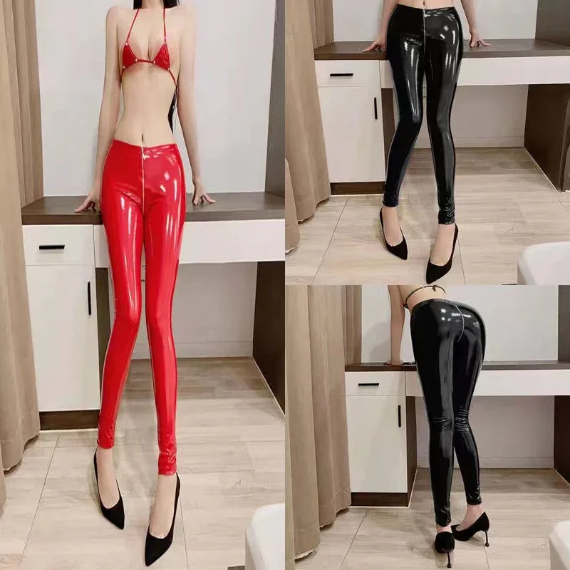 Women High Waist Shiny Faux Leather Stretch Pencil Pants Ladies Sexy Zip Open Bodycon Exotic Wet Look PU Leather Trousers Custom