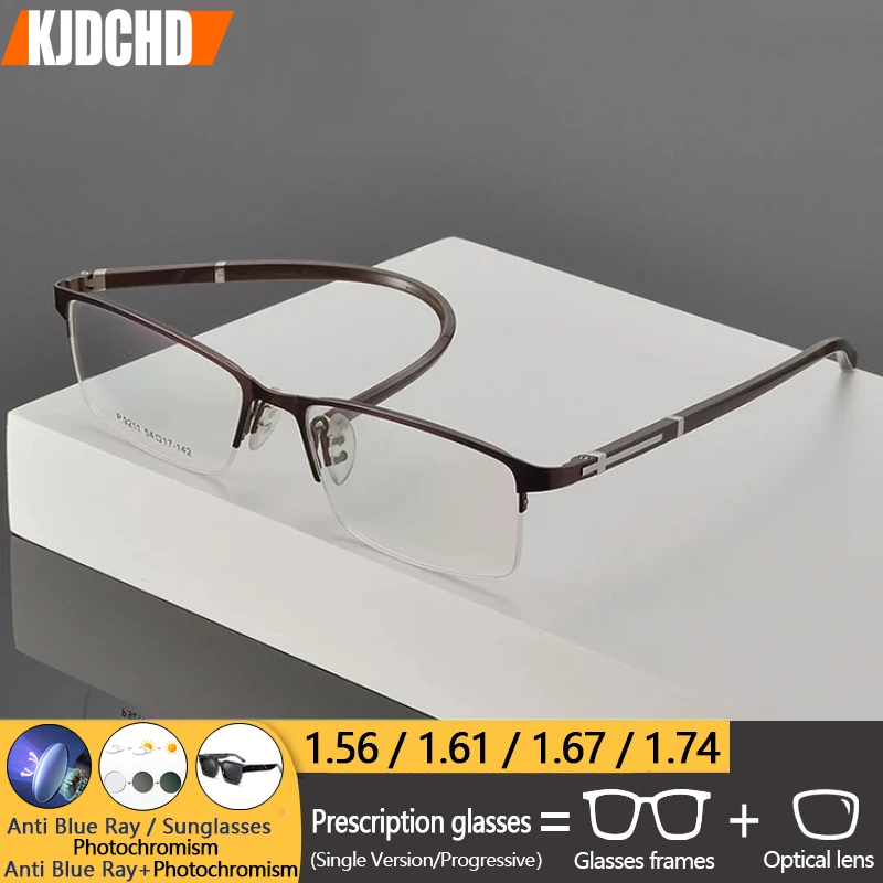 

KJDCHD Myopia Prescription Glasses Bussinessmen Square Progressive Alloy Optical Eyeglass Male Half Rim Frame Multifocal Eyewear