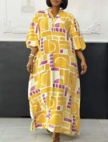 

Summer Vintage Dress Woman Casual Loose Straight Dress V-Neck Button Geometric Print Lantern Sleeve Straight Casual Loose Dress
