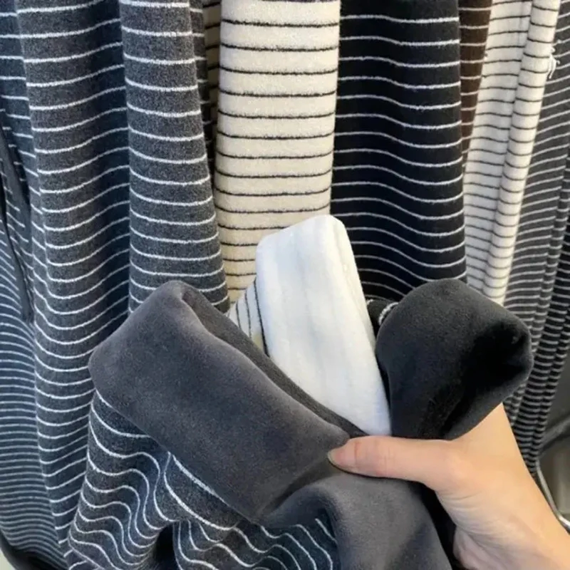 Harajuku Striped Wide Leg Pants Women Y2K Streetwear Autumn Winter Casual Trouser Loose Plush Thick Drawstring Straight Pants