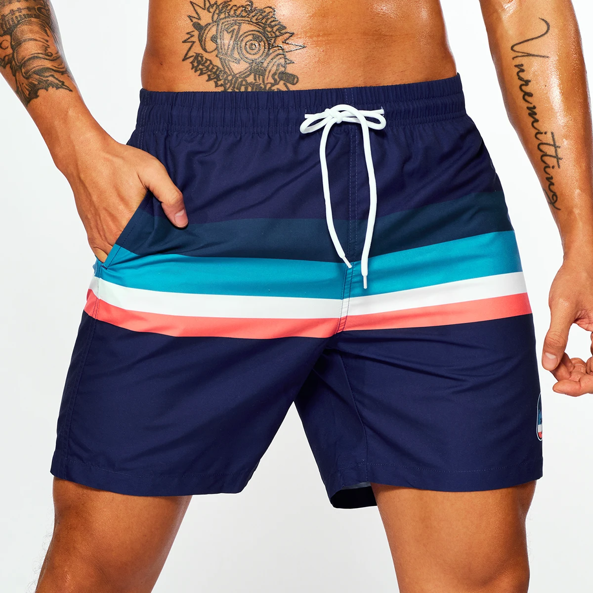 Men\'s Navy Bottom Stripe Insert Print Beach Pants