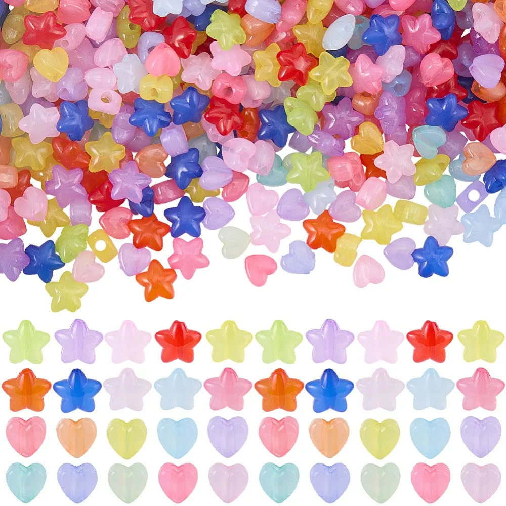 

1000Pcs 20 Colorss Transparent Acrylic Beads Star Heart Mixed Color 8~10x8.5~10.5x5.5~6mm Hole: 1.6~2.5mm 50pcs/color