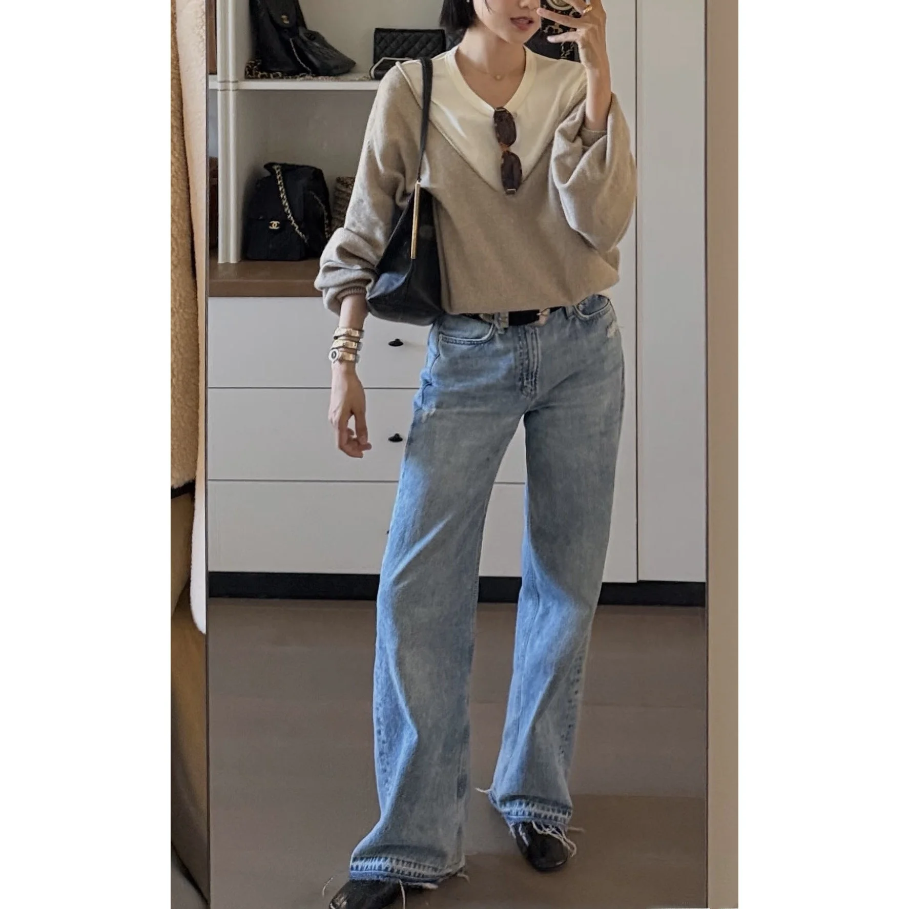 

High Waist Spring Summer RAG Blue Silk Thin Wide Leg Straight Cut Frayed Hem Denim Casual Pants for Women Cotton Blend