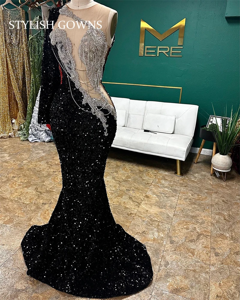 O N Long Prom Dress Black Girls 2024 Sparkly Beaded Tassel Birthday Party Dresses Sequined Evening Gowns Robe De Bal Customized