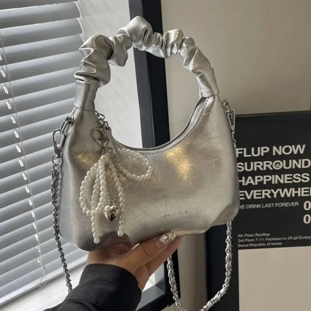 

Pleated Handle Design Underarm Bags Women Ladies Adjustable Strap Crossbody Bag Pu Leather Shoulder Bag Y2K Pearl Bow Handbag