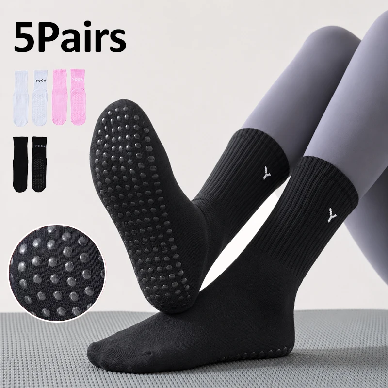Pilates Socks with Grips for Women, 5 Pairs Womens Grippy Yoga Ballet Barre Hospital Gym Athletic Socks