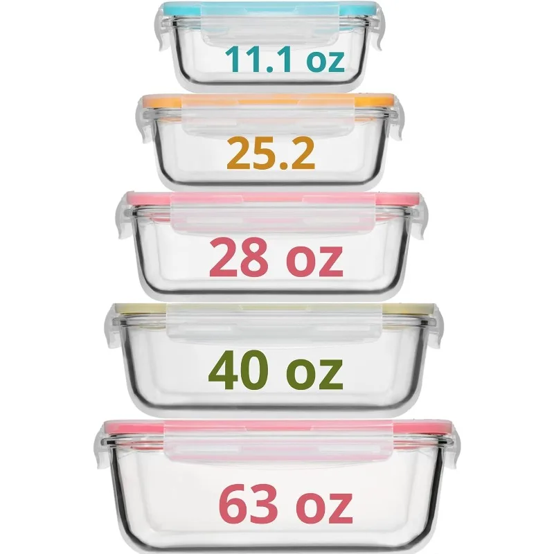 10 PC Square Glass Food Storage Containers with Lids - 74, 40, 27 & 18 Oz Airtight & Leakproof Glass Meal Prep Containers