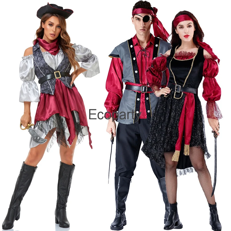 Halloweenowe karnawałowe kostiumy kapitan pirat dla mężczyzn kobiet pary Jack Sparrow Cosplay stroje pasują do pokaz sceniczny