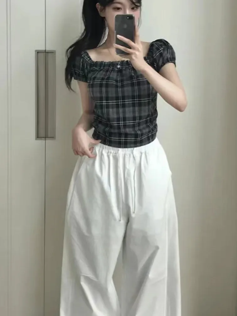 

Korean Sle Plaid One oulder irt Women Summer 2025 Slim Fit ort Sve Chiffon Faion Square Collar Top
