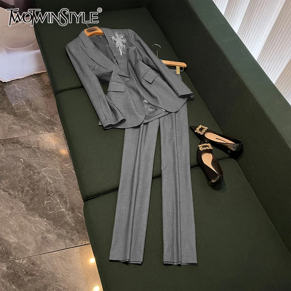 

TWOTWINSTYLE Vintage Casual Solid Two Piece Sets For Women V Neck Long Sleeve Top High Waist Pants Elegant Set Female KSE545432