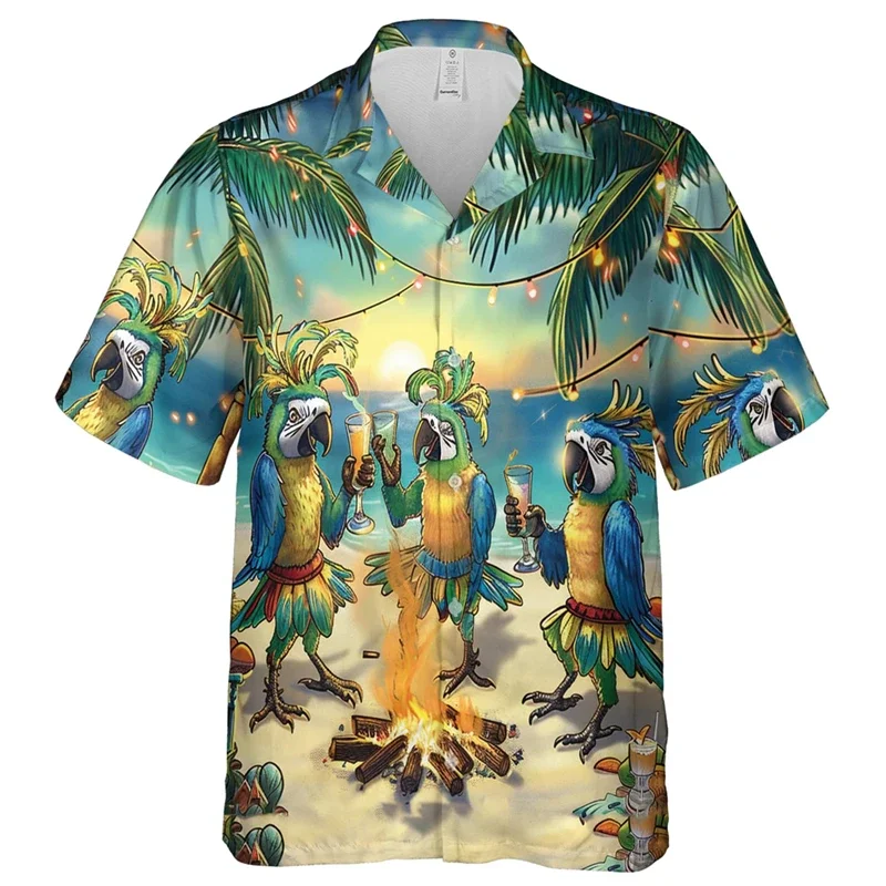 

Parrot Lovers Beach Shirts Summer Hawaii Short Sleeve Shirt For Men Clothes Aloha Party Short Sleeve Male Vacation Lapel Blouse