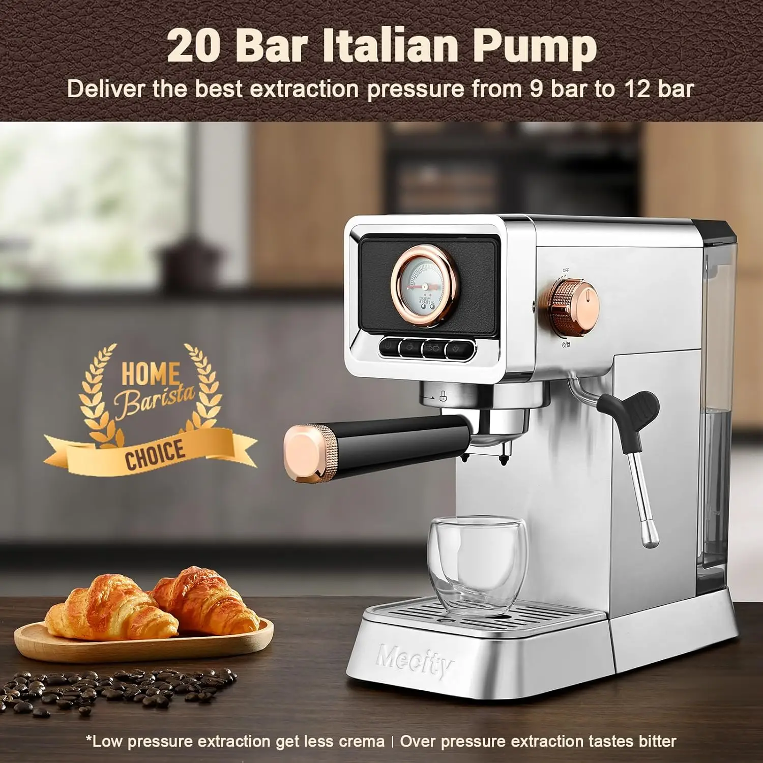 20 Bar Espresso Machine with Milk Frother, Brushed Stainless Steel Shell, 37 fl.Oz Water Reservoir, Coffee Maker