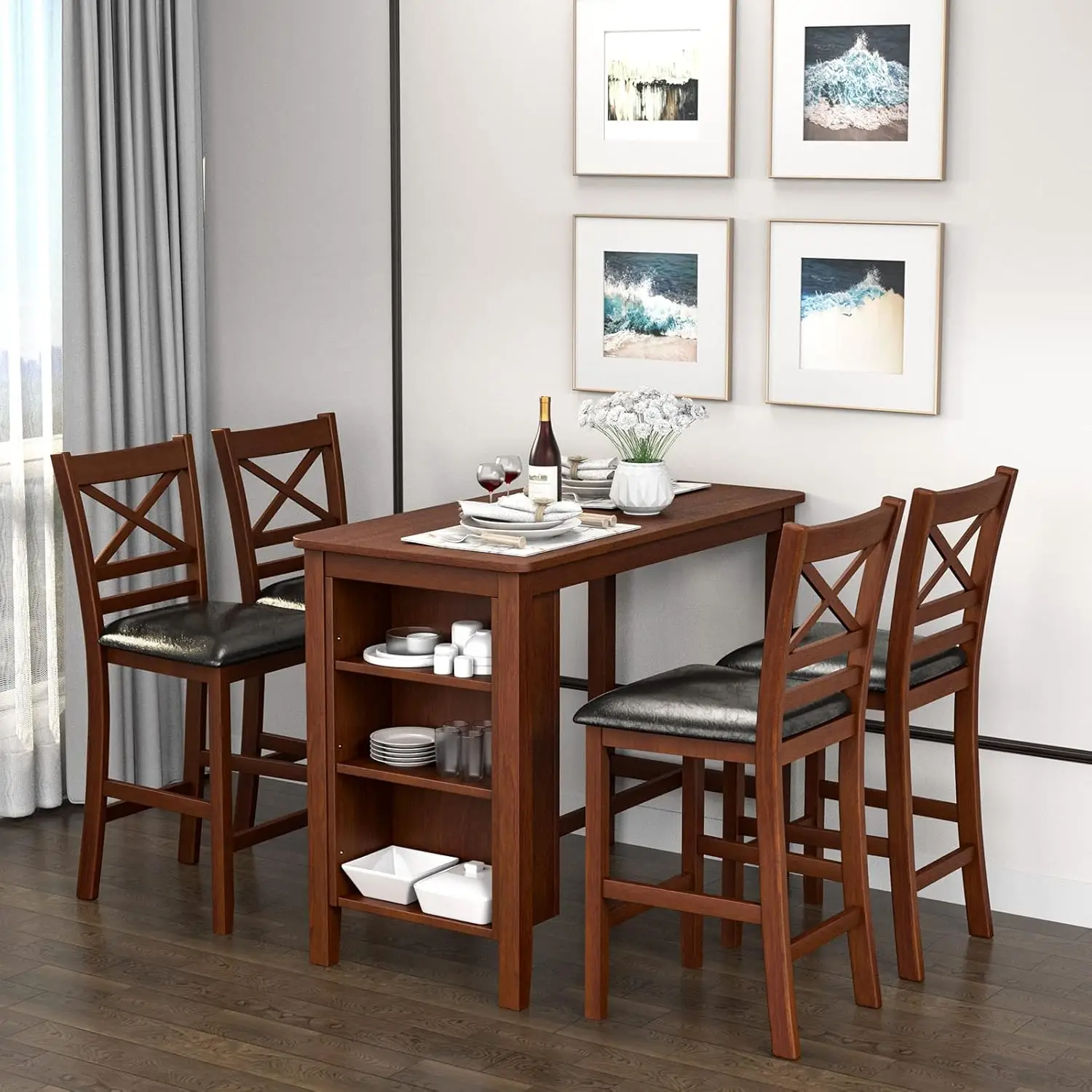 Costway 5 Pieces Dining Table Set, Counter Height Pub Bar Table W/ 4 Upholstered Chairs And Storage Shelves, Bistro Table Set