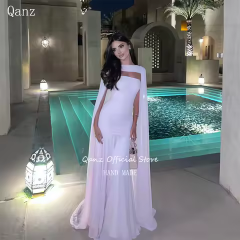 Qanz Saudi Arabia Evening Dress Pink Chiffon Dresses 2025 Woman With Cape Long Dress For Wedding Guest Elegant Customized