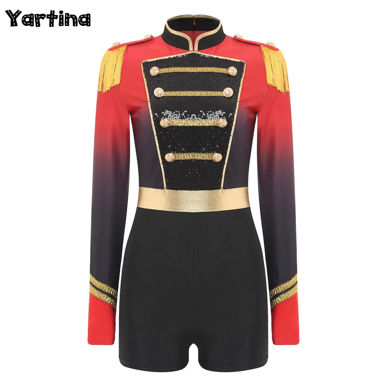 

Womens Circus Ringmaster Lion Tamer Halloween Cosplay Costume Gradient Shiny Sequin Tassel Jumpsuit Epaulet Showman Bodysuit