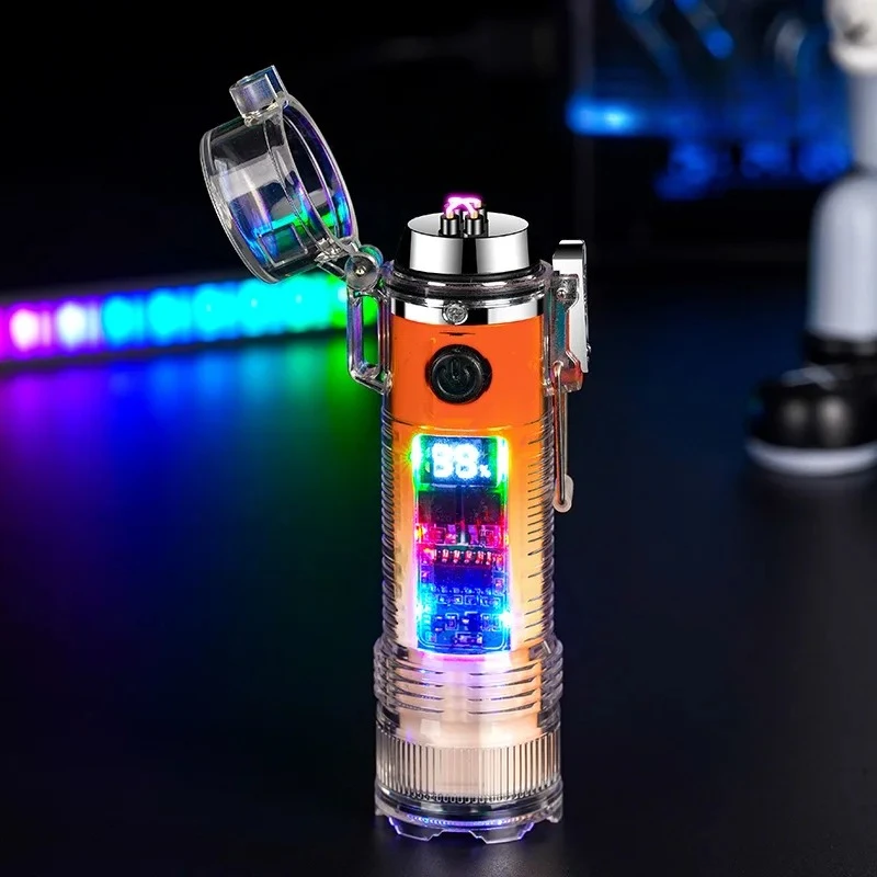 2026 New Colorful Transparent Lighter Cylindrical Flashlight Waterproof Double Arc Cigarette Lighter Charging Pulse Lighter Gift