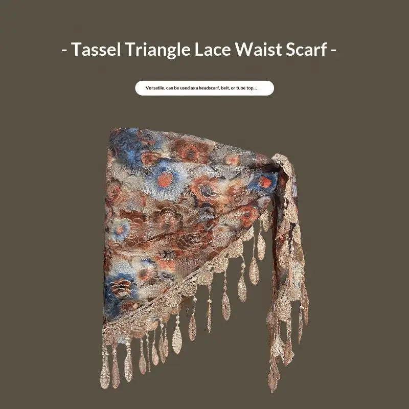 Boho-Quasten-Dreieckstuch Vintage-Blumendruck-Spitzen-Taillenwickelrock Damen-Quasten-Fransen-Schal Strandkopftuch Taillengürtel – Detail 5