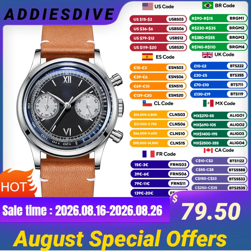 ADDIESDIVE 남성용 다기능 쿼츠 시계, 24 시간 크로노그래프, 블랙 다이얼 가죽 시계, 100m 다이빙 비즈니스 손목시계, AD2037