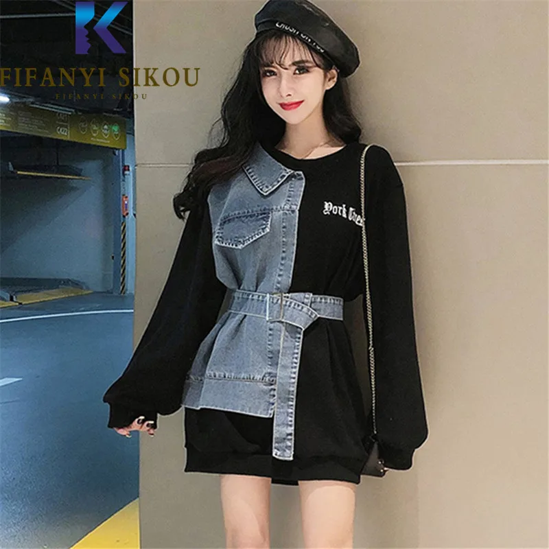 Black Denim Splice Sweatshirt Women Hoodies Belt Fashion Print O-Neck Pullover Female Loose Tops Autumn Casual Sweatshirts