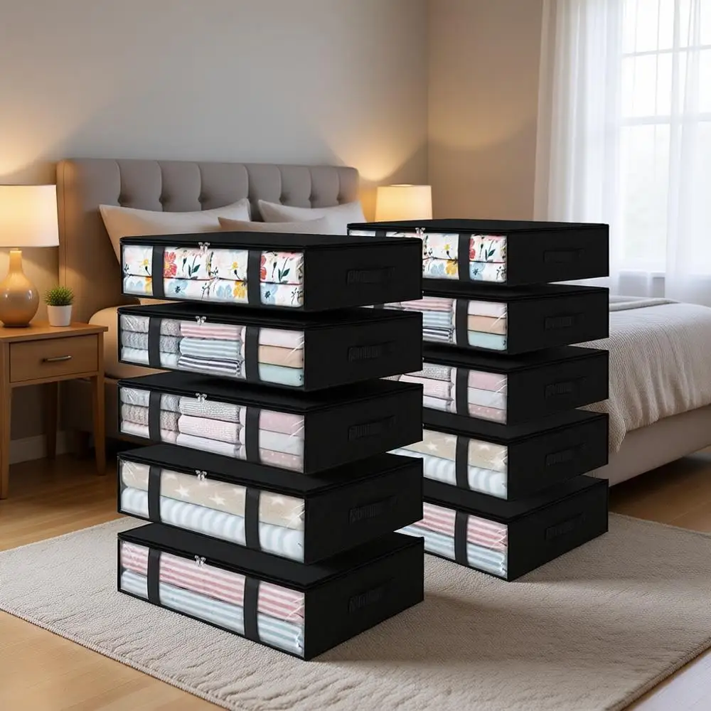 

Набор из 10 тканевых контейнеров для хранения объемом 40 л с прозрачным окном для одежды, одеял и пледов - черный