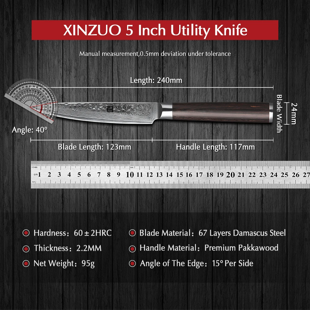 XINZUO 5\'\' Inch Utility Knife Damascus Steel Kitchen Knives Professional Stainless Steel Table Paring Knife Pakka Wood Handle