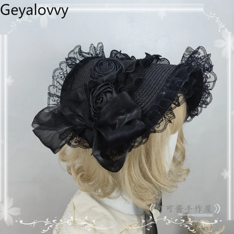 일본 오리지널 수제 다크 로리타 밀짚 모자 스위트 걸스 코스프레 블랙 그레이 레이스 캡 고딕 레이스 업 태양 모자