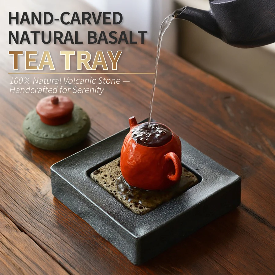 Square Tea Tray Black Basalt Absorbent Volcanic Rock Teapot Holder Kung Fu Tea Ceremony Natural Stone Wabi‑Sabi Gift Tea Lovers