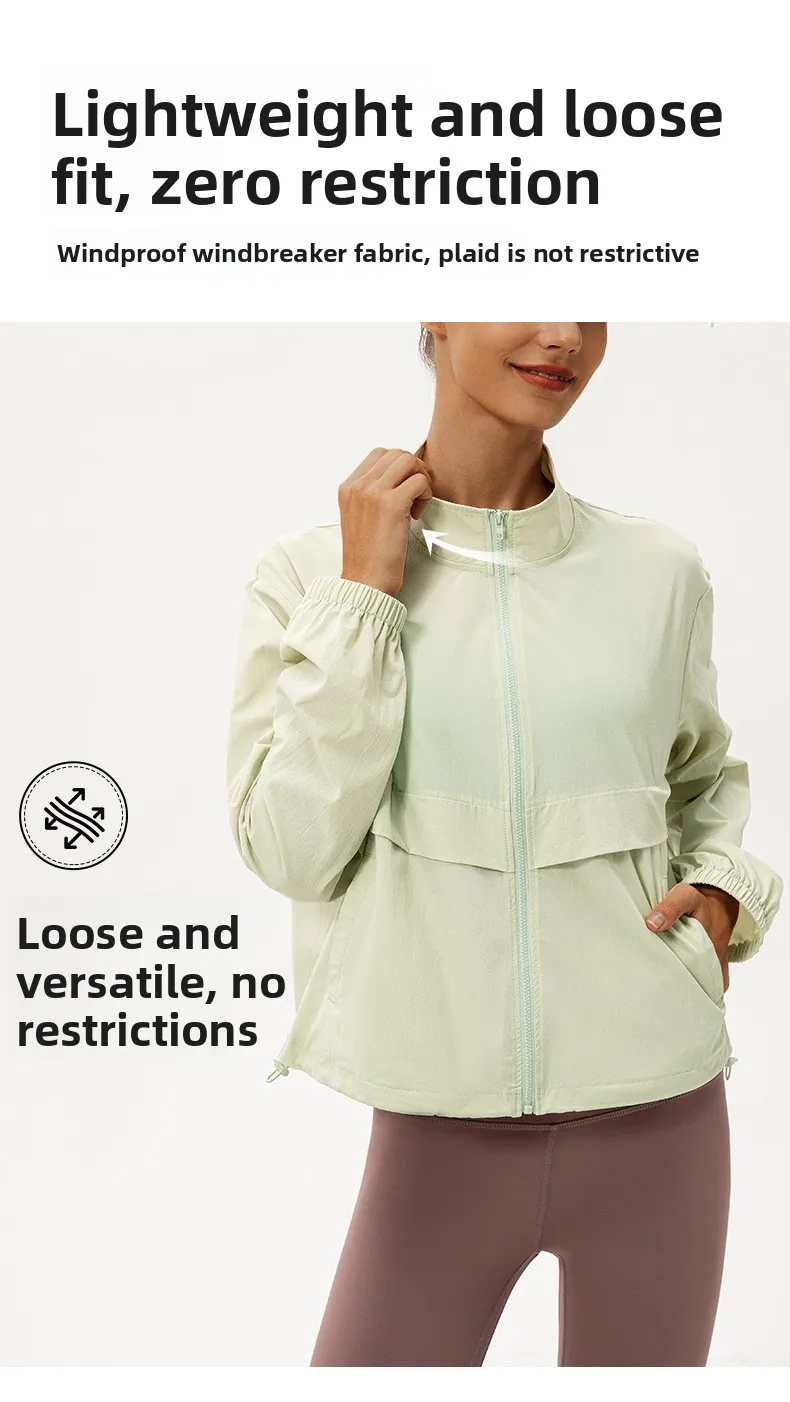 Outdoor-Sport-Windjacke für Damen, locker geschnittener, lässiger Yoga-Anzug mit Reißverschluss, Stehkragen, Laufjacke, Fitness-Windjacke, winddicht – Detail 3