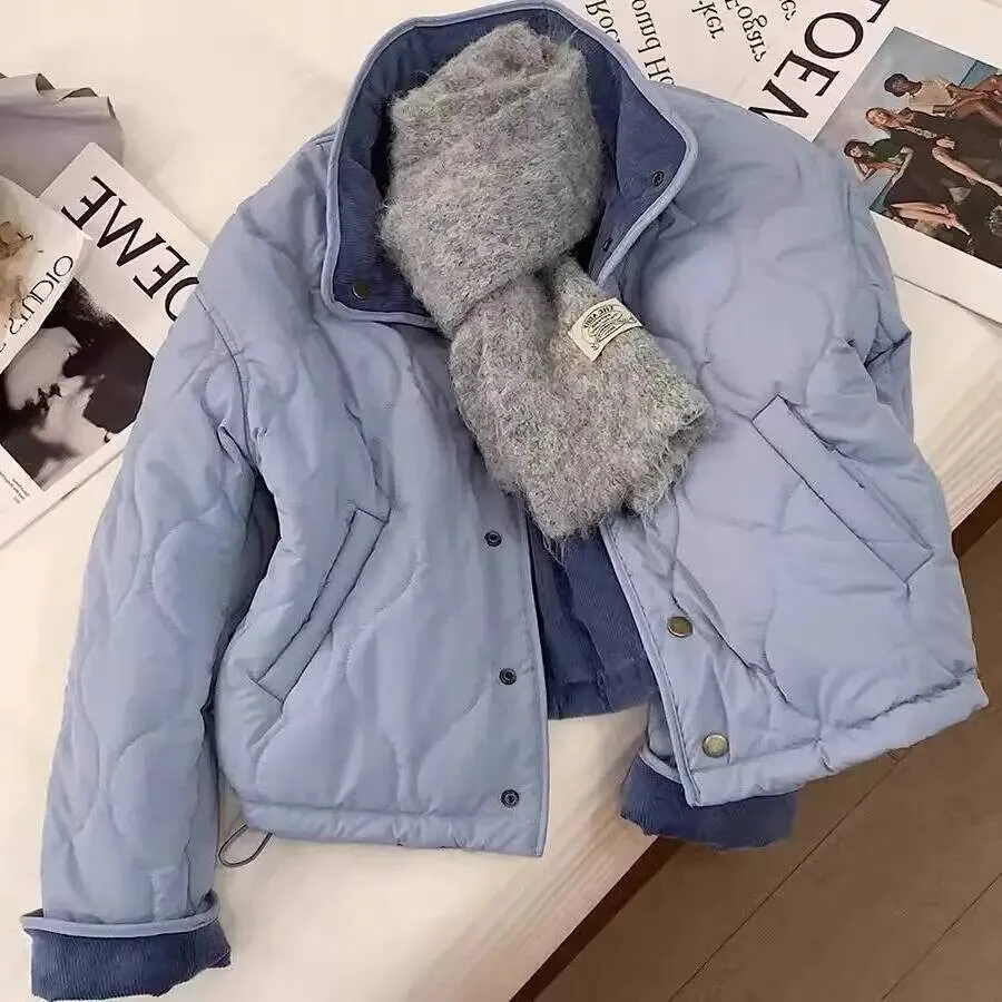 

Blue Corduroy Loose Fit Cotton Jacket Women's Autumn Winter Anti-Aging Design Polo Collar Warm Filled Outerwear Trendy