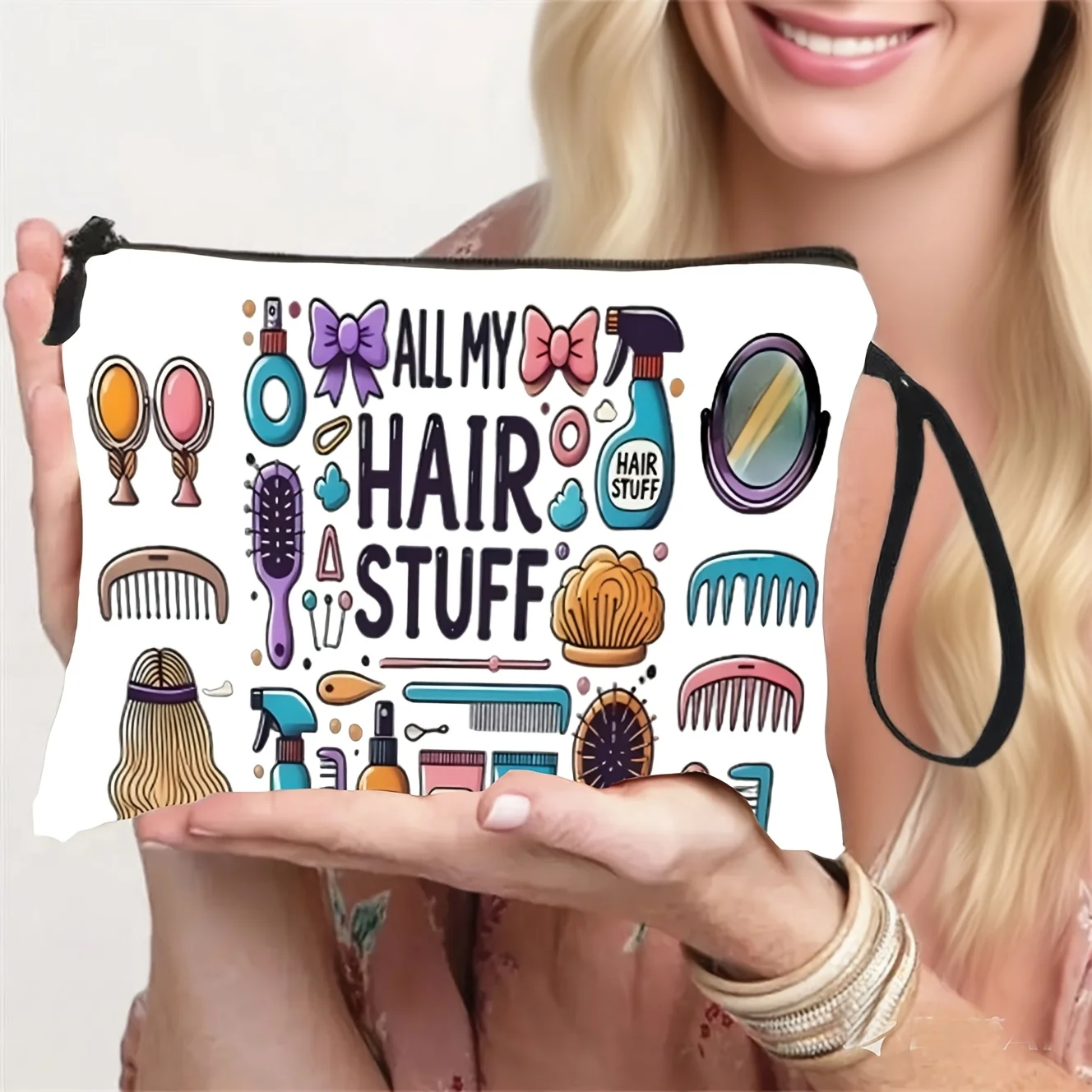 Colorful Illustrated Cosmetic Travel Storage Bag Toiletry Organizer Featuring Designs of Combs Mirrors And Bow Icons for women