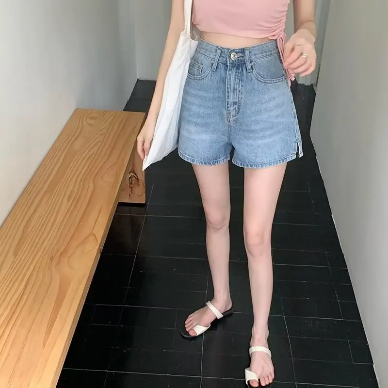 Verano cintura alta Denim orts mujer picante adelgazante versátil estudiante Color claro talla grande pantalones sueltos de pierna ancha A-Line Ho...