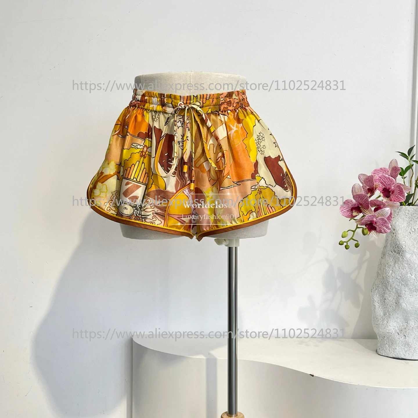 

Orange Yellow Girl Cartoon Print Long Sleeve Blouse Tops and Shorts Set 2026 New