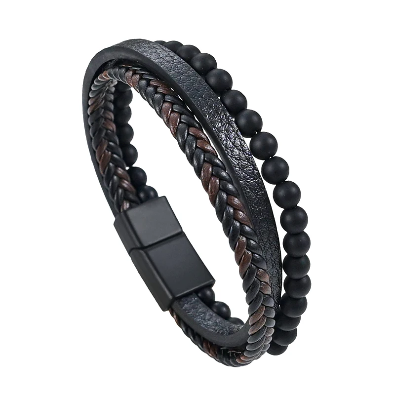 

Men's classic fashion high quality leather bracelet obsidian beaded multi-layer bracelet jewelry gifts