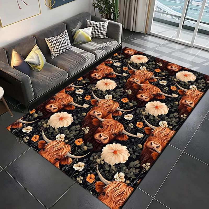 

Plush Crystal Velvet Yak Print Area Rug - Non-Slip, Vibrant Highland Cattle & Floral Design, Polyester Carpet for Living