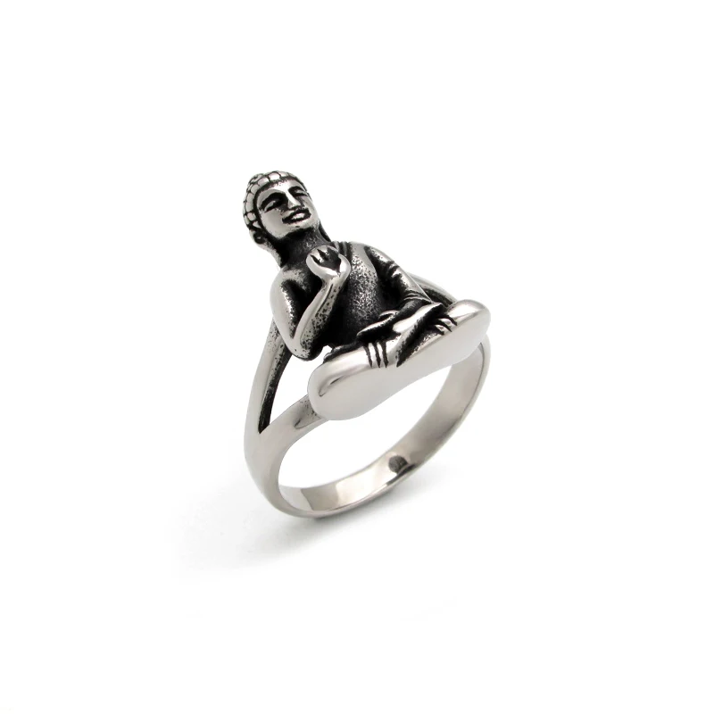 Punk  316L Stainless Steel Classical Buddhism Solemn Buddha Statue Metal Amulet Ring Jewelry