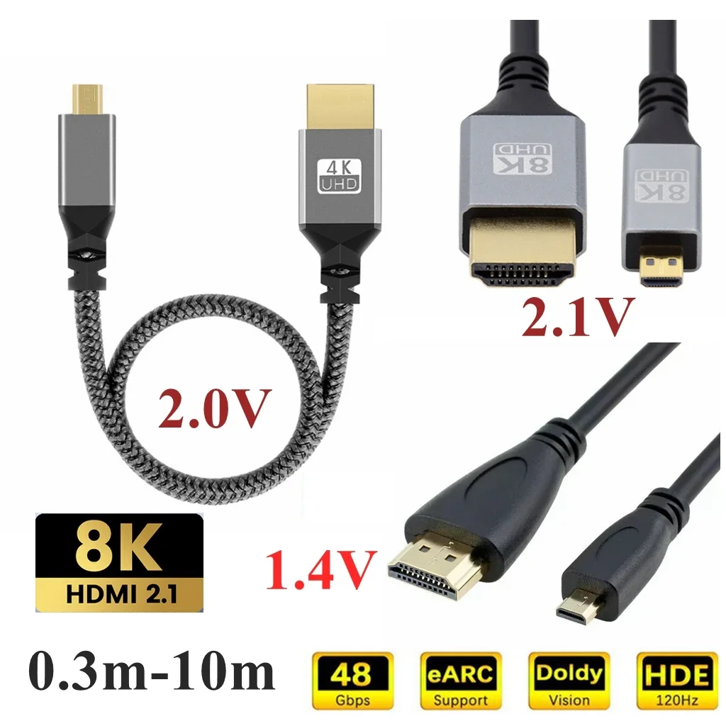 10m 5m 3m 1m 0.3m Micro HDMI To HDTV HDMI-Compatible 4K 8K Cable Cord For GoPro Raspberry Pi 4 Retroid Sony Camera Pc TV Video