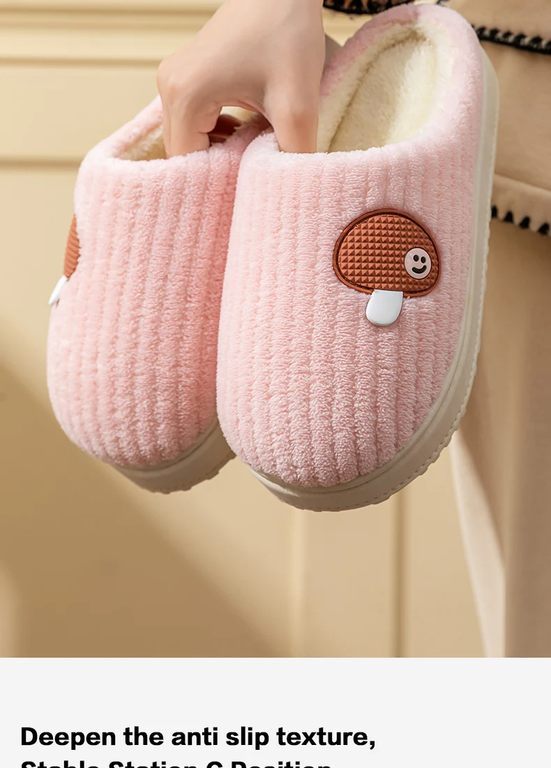 Niedliche Pilz-Winterhausschuhe für Damen und Herren, gestreifte Cord-Hausschuhe, weiches Plüschfutter, rutschfest, für den Innenbereich, Schlafzimmer, Bodenpantoffeln – Detail 9
