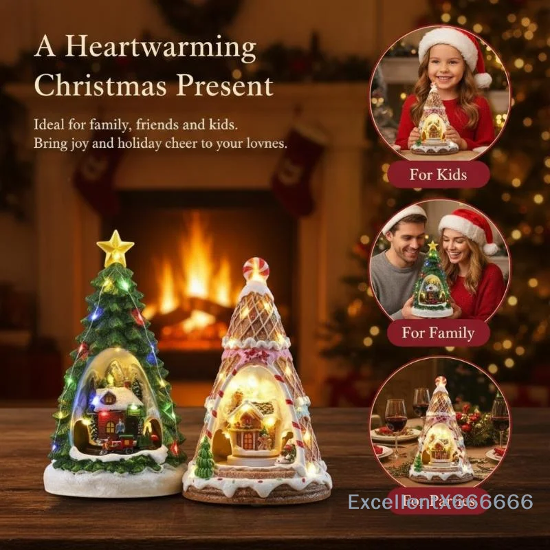 LED Light Up Gingerbread House Christmas Ornament Snow Scene Figurine Mini Tabletop Decor for Xmas Party Winter Home Decoration