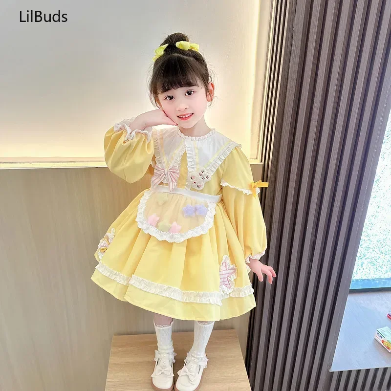 Vestidos españoles para niños, ropa de princesa Kawaii, vestido de fiesta de cumpleaños para niñas, vestido amarillo elegante de Lolita para niñas