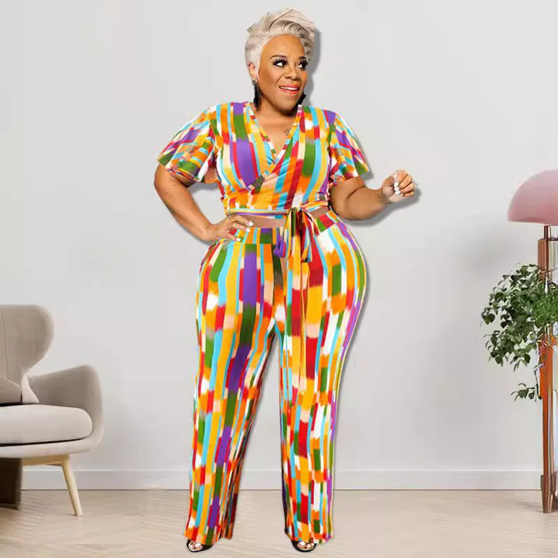 

218132 Large Women's Wear 2025 Spring New Short Sleeved Top with Pants Set New Products