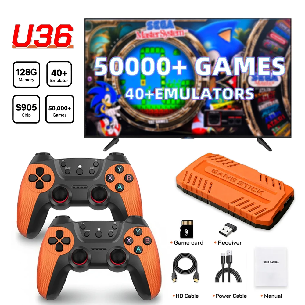 U36 عصا ألعاب لاسلكية ريترو وحدة تحكم الألعاب S905 128G 50,000+ ألعاب تدعم 40 + محاكيات كلاسيكية لهدايا الأطفال PS1/PSP 4K HDMI