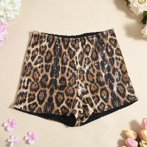 Imagen 1 del producto Pantalones cortos sexis con cuentas y lentejuelas para mujer, pantalones cortos elásticos con estampado de leopardo, pantalones cortos