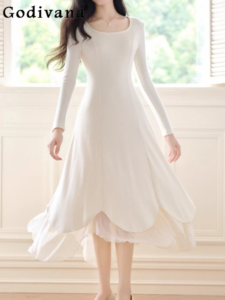 

Women Autumn Winter French Slim Beautiful Medium Long Knitted Dress Fashion Age Reduction Splicing High Waist Bottom Dresses