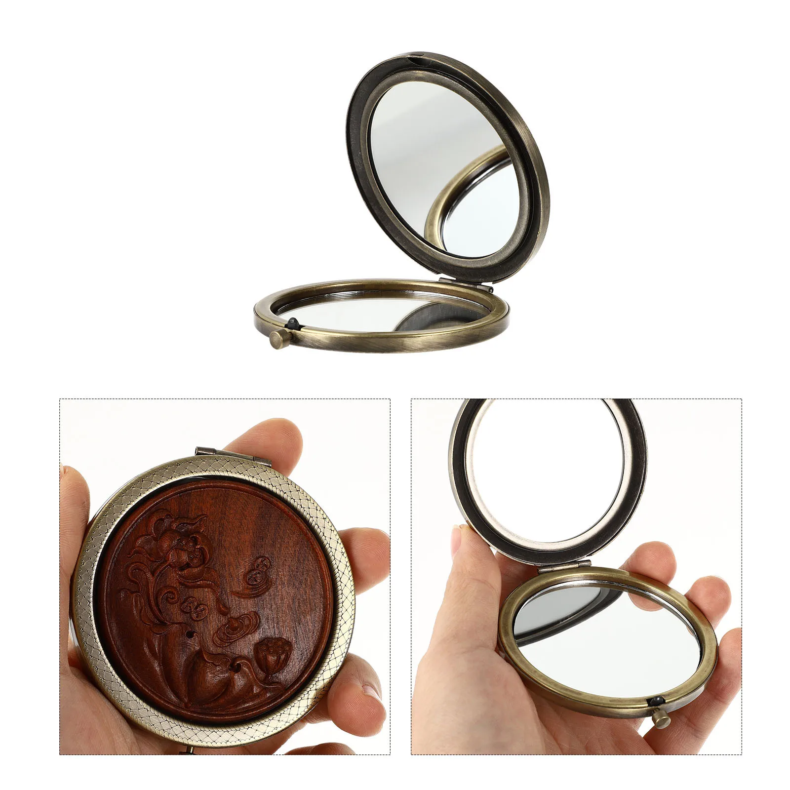 Folding Makeup Mirror Portable Compact Round Wood Metal Retro Design Travel Women Gift Clear Non-Distorted Reflection Daily