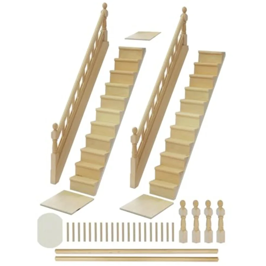 

1/12 Scale Wooden Dollhouse Staircase Accessories with Adjustable Handrails and DIY Railing 2-Set Complete for Modern or Victor