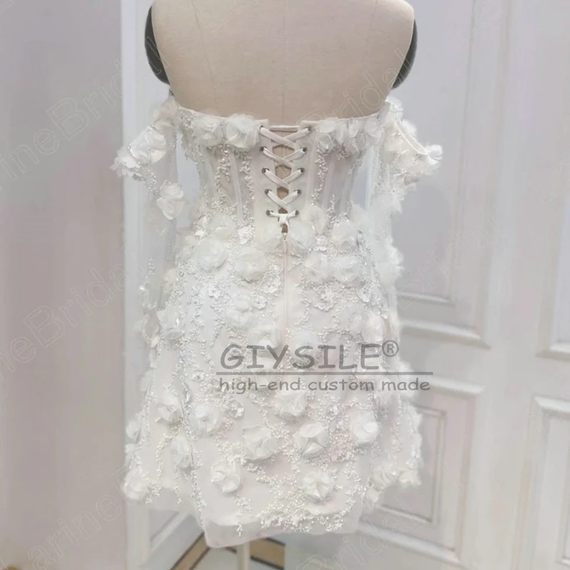 GIYSILE ที่กําหนดเองน่ารักที่ไม่มีสายหนังมินิชุดแต่งงานสีขาว 3D ดอกไม้ลูกไม้ชุดถุงมือสั้น Mermaid Prom Gowns