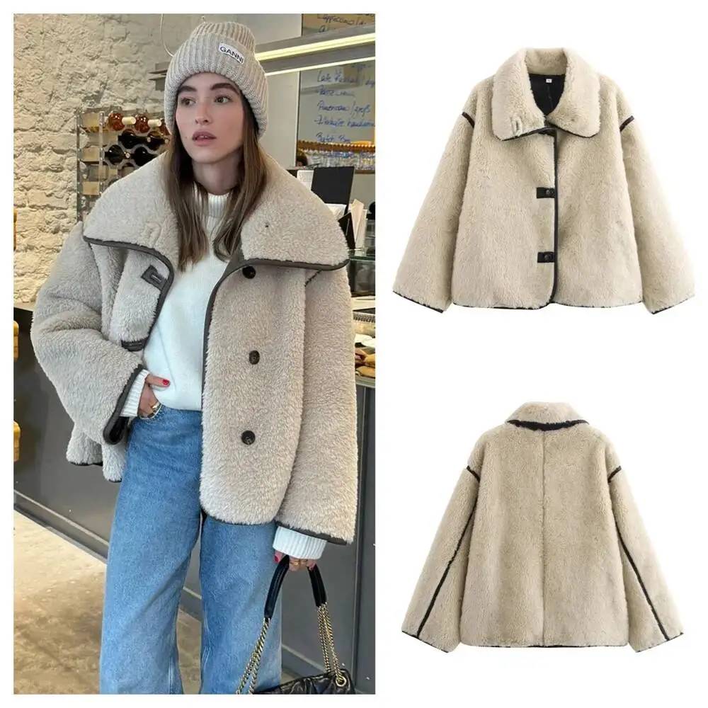 2025 Winter New Women's Clothing Style Casual Loose Warm Short Flip Collar Imitation Lamb Wool Jacket Coat
