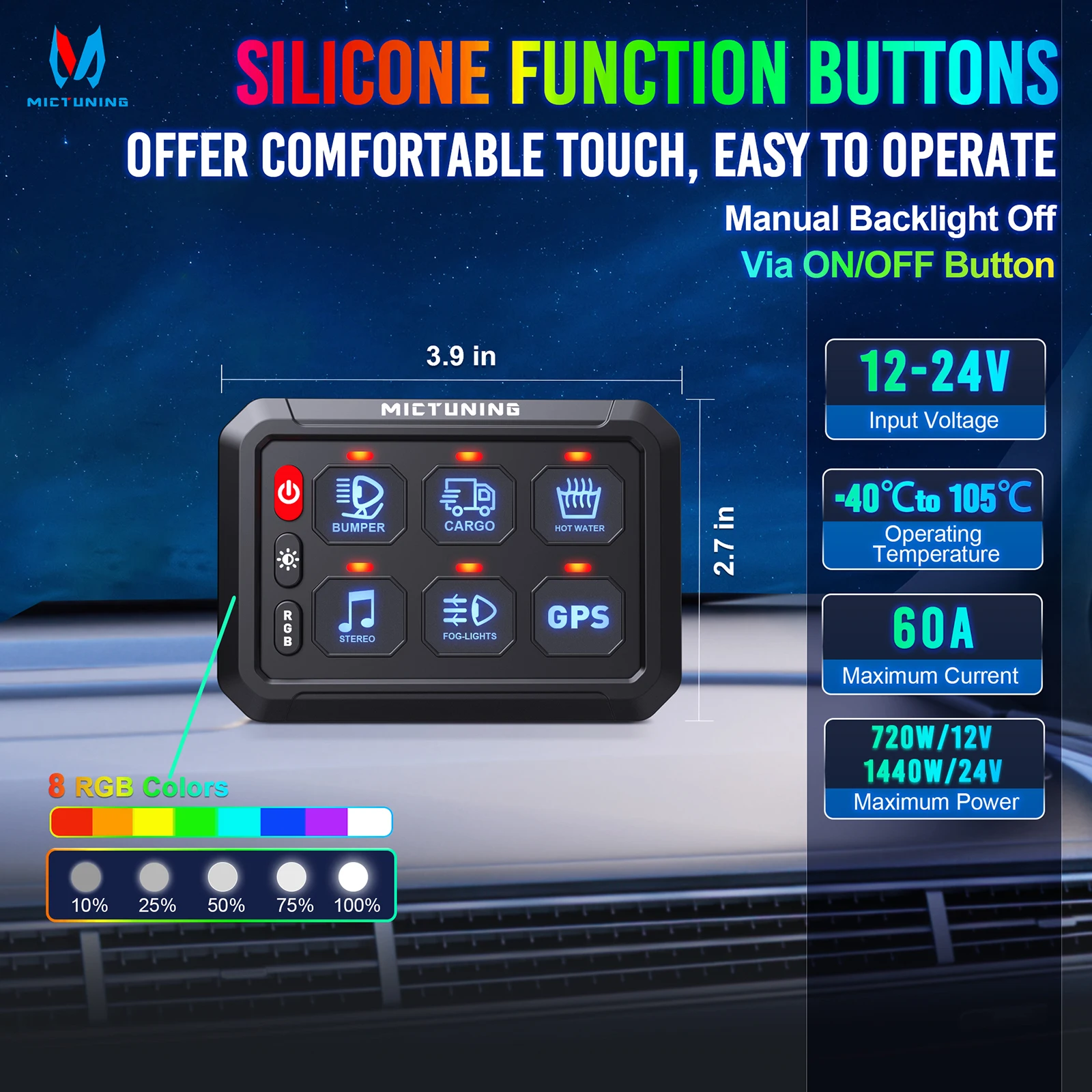 MICTUNING P1s RGB 6 Gang Switch Panel Multifunction Toggle Momentary Strobe Pulsed Switch Pod Adjustable RGB Colors Brightness